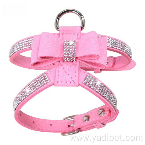 Shiny hot diamond bowknot pet water drill dog chest strap suede microfiber dog pet harness accessories safety dog